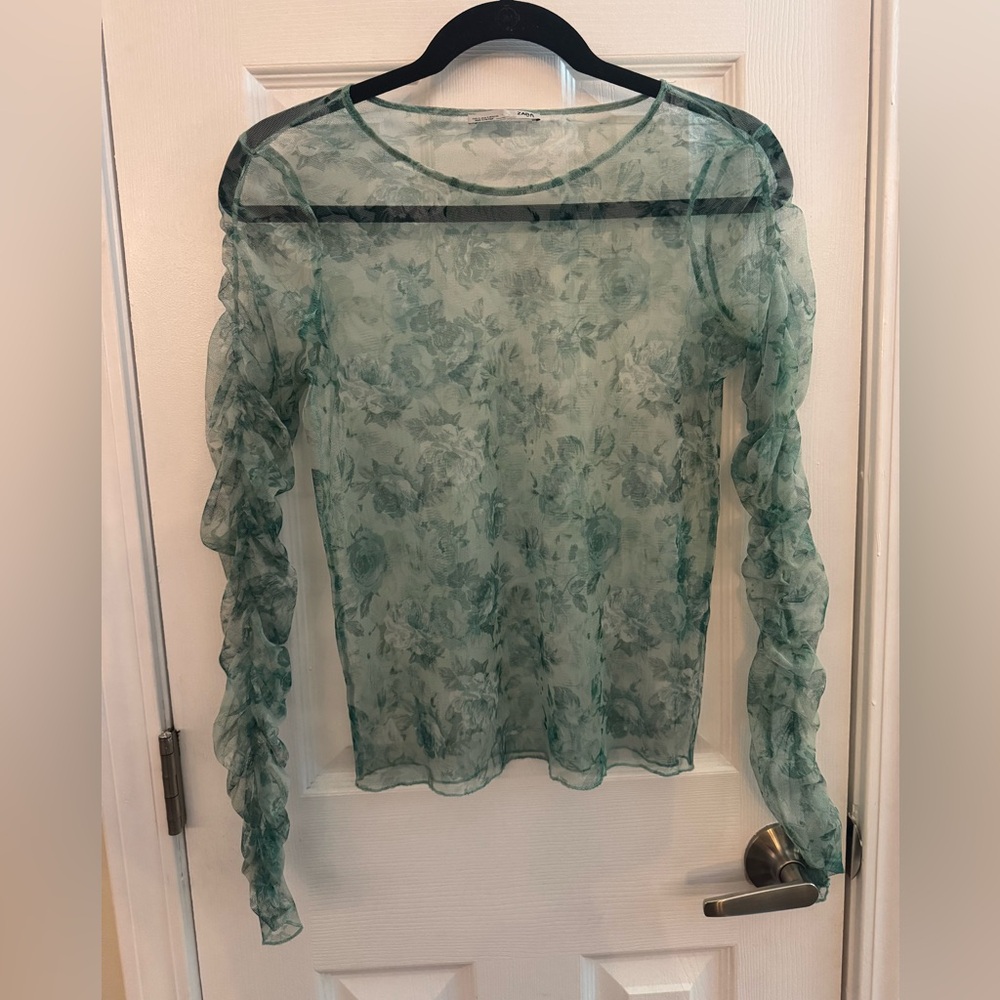 ZARA Sheer Mesh Floral Long Sleeve Green Size Small